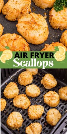 air fryer scallops with lemons and parsley on the grill top