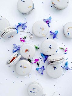 an image of some white flowers on a table with blue and white tiles in the background