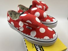 Vans x Disney Authentic Gore 'Minnie's Bow' Brand new never worn or tried on, see pictures of exact pair for sale. US Women's Size 6.5 / Men's size 5.0 100% authentic guaranteed! Vans and Disney linked up to celebrate Mickey Mouse’s 90th birthday. Minnie Mouse was included in the festivities, as seen on this rendition of the Vans Authentic Gore. The canvas upper sports a red and white polka-dot design, while the laces are replaced by Minnie’s signature bow. The interior of the shoe is stamped wi Minnie Bow, Minnie Mouse Bow, Low Top Shoes, Polka Dot Design, 90th Birthday, Dot Design, Vans Authentic, Womens Vans, Red Shoes