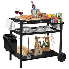 a black cart with food and wine on it