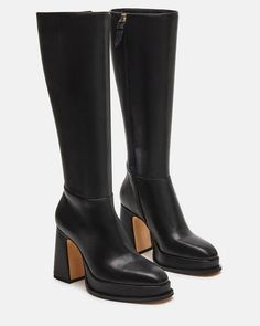 DEXTRA Black Leather Knee High Platform Boot | Women's Boots – Steve Madden Steve Madden High Boots, Black Leather Boots Knee High, Knee High Platform Boots, Buyable Pins, Platform Boots Women, Fall 23, Wardrobe Pieces, Tour Outfits, Apparel Merchandising