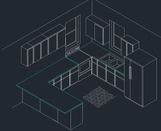 a line drawing of a kitchen with cabinets and cupboards in the center, on a black background