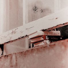 two books sitting on top of a window sill next to an open book shelf