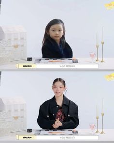 two pictures of the same woman sitting at a table with candles in front of them