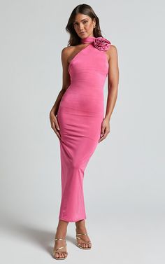 Pink One-shoulder Stretch Maxi Dress, Pink Stretch One-shoulder Maxi Dress, Stretch Halter Maxi Dress For Parties, Spring Stretch Halter Dress For Prom, Feminine Backless Party Maxi Dress, Feminine Backless Maxi Dress For Party, Spring Halter Neck Bodycon Prom Dress, Spring Prom Bodycon Dress With Halter Neck, Stretch Halter Neck Maxi Dress For Prom