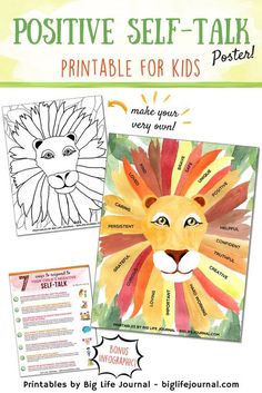 a poster with the words positive self talk and an image of a lion