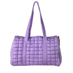 Get ready to travel in style with our GZ-2812 Puffer Quilted Duffle in purple! This cute and stylish pack is perfect for all your travel needs. It's lightweight and easy to pack, making it the perfect accessory for your next adventure. Say bye-bye to boring travel bags and hello to our fun and playful duffle! Puffer Duffle Bag, Casual Nylon Travel Bag For Weekend Trips, Large Capacity Purple Nylon Bag, Trendy Nylon Travel Bag, Trendy Nylon Gym Bag For Travel, Purple Nylon Bags, Rectangular Purple Duffle Bag For Everyday Use, Casual Shoulder Bag For Overnight Trips, Casual Packable Travel Bag For Weekend Trips