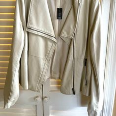 Winter White Moto Jacket With Zippered Pockets. Leather Look But Soft And Roomy. Lined. New With Tags. White Moto Jacket, Winter White, Moto Jacket, The Limited, Winter Coat, Color White, Jackets & Coats, Jackets For Women, Zipper