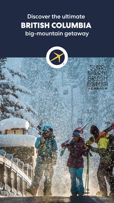 three people standing in the snow with skis