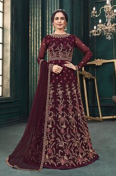 Dark Wine Designer Embroidered Net Wedding Anarkali Gown-Saira's Boutique Wedding Anarkali, Purple Anarkali, Bridal Anarkali, Indian Anarkali, Butterfly Net, Zari Embroidery, Anarkali Gown, Evening Dress Fashion, Anarkali Suit