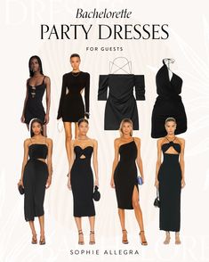 an advertisement for bachelor party dresses featuring models in black and white outfits with cut outs