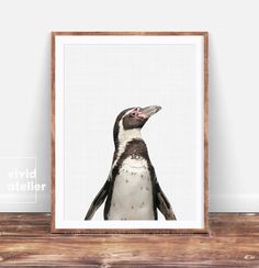 a black and white penguin in front of a wooden frame