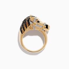 Effy Safari 14K Yellow Gold Black Diamond Horse Ring Luxury 14k Gold Rings With Black Diamonds, Fine Jewelry Black Ring Stamped 14k, Black Hallmarked Rings Fine Jewelry, Luxury Black Diamond Ring In 14k Gold, Luxury Black 14k Gold Rings, Classic Black Ring With 17 Jewels, Collectible Black Rings With Polished Finish, Yellow Gold Black Enamel Rings Fine Jewelry, Luxury 14k Gold Ring With Black Enamel