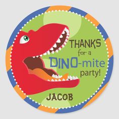 a dinosaur birthday party sticker with the words thanks for a dino - mite party