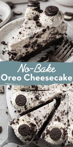 no - bake oreo cheesecake on a plate with a fork and chocolate chips