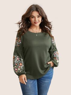 Waffle Knit Floral Embroidered Lantern Sleeve T-shirt Fall Embroidered Crew Neck Top, Green Floral Embroidered Tops For Fall, Green Floral Embroidery Tops For Fall, Fall Cotton Tops With Floral Embroidery, Floral Embroidered Cotton Tops For Fall, Green Embroidered Long Sleeve Tops, Relaxed Fit Tops With Embroidered Long Sleeves, Casual Embroidered Long Sleeve Tops, Relaxed Fit Long Sleeve Tops With Embroidered Sleeves