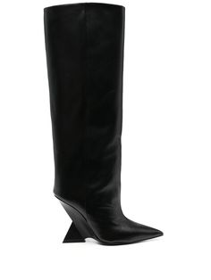 Cheope knee-high 105mm boots from The Attico featuring black, calf leather, pointed toe, knee-high and high wedge heel. CIRCUMFERENCE: 34.0 Centimetres HEEL: 11.0 Centimetres The Attico Shoes, Attico Boots, High Leather Boots, The Attico, Leather Dye, High Wedges, Stylish Boots, Moon Boots, Knee High Leather Boots