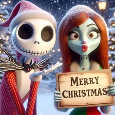 two cartoon characters are holding a merry christmas sign