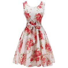 Women High Waist Flower Dress - White - 2T06102614 - Women's Clothing, Dresses, Print Dresses  #PrintDresses #Women's #Clothing # #Dresses # #Print #Dresses White Sleeveless Chiffon Dress, Pink Sleeveless Chiffon Floral Dress, Red Sleeveless Dress For Spring Wedding, Red Sleeveless Spring Wedding Dress, Fitted Sleeveless Chiffon Sundress, Pink Sleeveless Chiffon Sundress, Sleeveless Chiffon Floral Dress For Party, Sleeveless Chiffon Floral Dress For Summer, White Chiffon Sleeveless Sundress