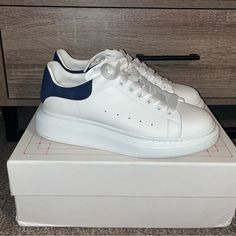 Only Worn 1 Time For A Wedding, Like New Alexander Mcqueen Men’s Platform Sneaker With Navy Blue Back. Complete With Dust Bag, New Laces, Etc. Retails For 590. Small Marking On Left Shoe But Can Probably Get Out! Elegant Blue Low-top Sneakers, Alexander Mcqueen Shoes Outfit Men, Sneakers Outfit Men, Black Alexander Mcqueen, Alexander Mcqueen Sneakers, Mcqueen Shoes, Mcqueen Sneakers, Alexander Mcqueen Shoes, Silver Sneakers