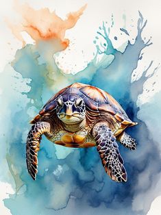 a watercolor painting of a turtle swimming in the ocean with blue and orange colors