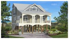 this is an artist's rendering of the front elevation of these beach house plans