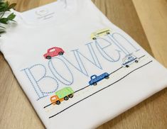 Zoom! Zoom! This shirt is perfect for your truck loving little one. It can be worn for everyday wear or any occasion.  We create our sweet items with top of the line boutique blanks and our professionally embroidered. This listing, we created this adorable shirt using 100% cotton blanks.  Font used for personalization, will be the same as in the picture. Please feel free to message me with any questions. Truck Names, City Vehicles, Boys Shirt, Zoom Zoom, Personalized Shirts, Boys Shirts