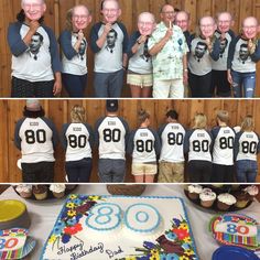 the birthday cake is made to look like an 80 year old football jersey and it's surrounded by older people