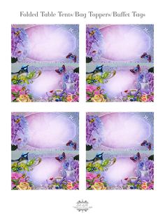 four different images of flowers and butterflies in purple tones with the words foldout table tags / toppers / buffet tags