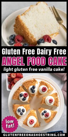 overhead of a round white cake cut into triangles and topped with fresh fruit and whipped creamk Fat Cakes Recipe, Gluten Free Angel Food Cake, Low Fat Cake, Gluten Free Cake, Dairy Free Dessert, Angel Food Cake, Vegan Cake, Free Desserts