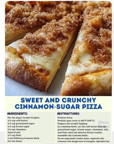 an advertisement for sweet and crunchy cinnamon - sugar pizza