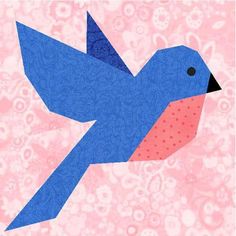 a blue bird is flying in the air with pink and white flowers on it's back