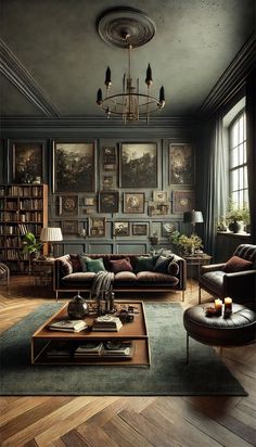 a living room filled with furniture and paintings on the wall