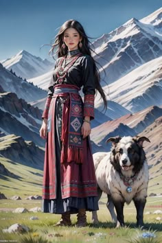 a woman standing next to a dog in the mountains