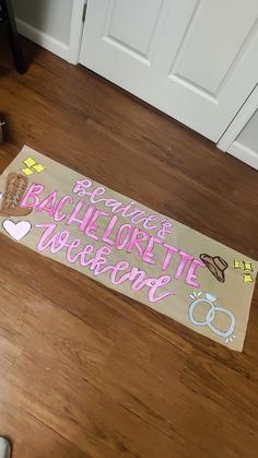 a door mat that says peace, bachelor, bachelor and bride on it in pink