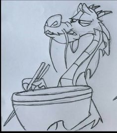 a drawing of a cartoon character sitting on top of a trash can with chopsticks in it