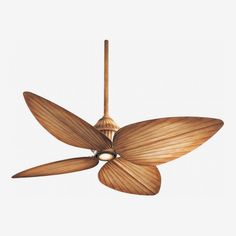 a ceiling fan with three large leaves on it's blades, hanging from the ceiling