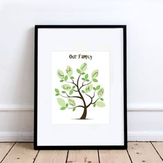 a family tree with leaves on it and the words, our family written in cursive writing