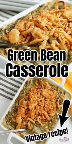 green bean casserole recipe with text overlay