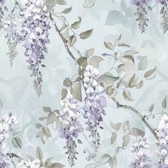 a blue wallpaper with purple flowers and leaves on it's side, as well as grey foliage