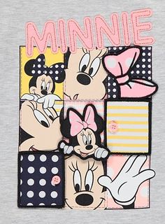 mickey and minnie mouse patchwork t - shirt with the word minnie in pink on it