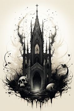 a gothic church with a skull in the foreground