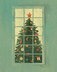 a painting of a christmas tree in a window with presents on the windowsills