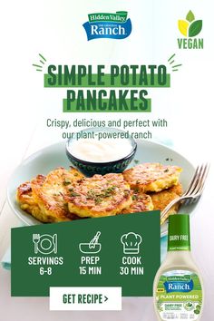 an advertisement for simple potato pancakes with yogurt and parsley on the side