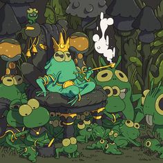 a cartoon frog sitting on top of a chair surrounded by other green plants and mushrooms