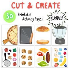 the cut and create activity page includes pictures of food, including bread, cheese, fruit, and other items