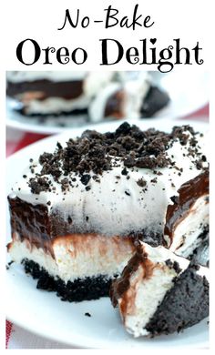 no - bake oreo delight dessert on a plate with the title overlay