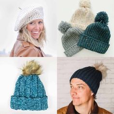 four different knitted hats with fur pom - poms