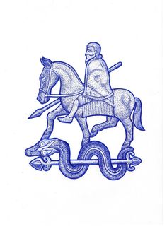 a drawing of a man riding on the back of a horse with a snake in front of him