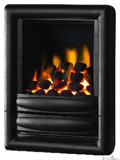 an electric fireplace with flames and logs in the front, shown from the side view